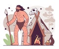 Humanity ancestor with house building. Hut made of animal skin