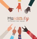 Humanity different but equal and diversity hands skin vector design