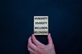 Humanity, diversity, inclusion, belonging symbol. Wooden blocks with words humanity, diversity, inclusion, belonging on beautiful Royalty Free Stock Photo