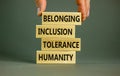 Humanity, tolerance, inclusion, belonging symbol. Wooden blocks with words humanity, tolerance, inclusion, belonging on beautiful Royalty Free Stock Photo