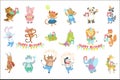 Humanized Animal Characters Attending Birthday Party Celebration Set