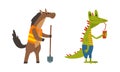 Humanized Animals of Different Professions with Horse Asphalt Worker and Crocodile Drinking Cocktail Vector Set Royalty Free Stock Photo