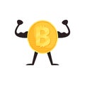 Humanized bitcoin character showing biceps muscles. Shiny golden coin with hands and legs. Strong digital currency. Flat