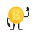 Humanized bitcoin character standing and waving by hand. Shiny golden coin icon. Cryptocurrency, money and finance