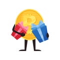 Humanized bitcoin holding two gift boxes. Cartoon golden coin character. Crypto currency with hands and legs. Flat