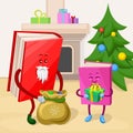 Humanized books characters celebrating Xmas, Christmas room Royalty Free Stock Photo