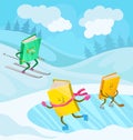 Humanized books characters with smiling faces skiing,