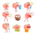 Humanized Brain Cartoon Character With Arms And Legs Funny Life Scenes And Emotions Set Of Illustrations