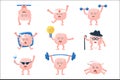 Humanized Brain Doing Different Activities Set Of Intellect Human Organ Cartoon Character Emoji