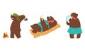 Humanized Brown Bear Character Chopping Wood and Sunbathing on Beach with Cocktail Vector Set