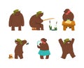 Humanized Brown Bear Character in Hat with Earflaps Chopping Wood, Washing Dishes and Fishing Vector Set