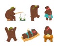 Humanized Brown Bear Character in Hat with Earflaps Fishing, Sunbathing with Cocktail, Rolling Dough Vector Set