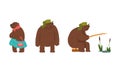 Humanized Brown Bear Character in Hat with Earflaps Fishing and Walking Vector Set