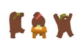 Humanized Brown Bear Character in Hat with Earflaps Walking and Rolling Dough Vector Set