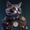 Humanized cat with a suit and time clocks. Generative AI