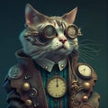 Humanized cat with a suit and time clocks. Generative AI Royalty Free Stock Photo