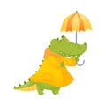 Humanized crocodile in a yellow raincoat. Vector illustration on a white background.