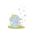 Humanized cute baby elephant blows soap bubbles. Vector illustration on white background.