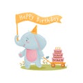 Humanized cute baby elephant carries a flag that says Happy Birthday. Vector illustration on white background.