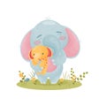 Humanized cute baby elephant is holding a soft toy. Vector illustration on white background.