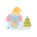 Humanized cute baby elephant sledding a Christmas tree. Vector illustration on white background.