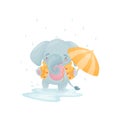 Humanized cute baby elephant in a yellow jacket is jumping in a puddle. Vector illustration on white background.