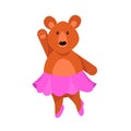 A humanized cute bear girl in pink skirt stands with her one arm raised. Vector illustration isolated on white