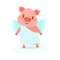 Cute angel piglet stands in a blue dress with wings. Vector illustration isolated on white background Royalty Free Stock Photo