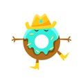 Humanized Doughnut With Blue Glazing And Cowboy Hat Cartoon Character With Arms And Legs