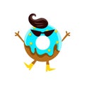 Humanized Doughnut With Blue Glazing, Dark Glasses And Black Fringe Cartoon Character With Arms And Legs Royalty Free Stock Photo