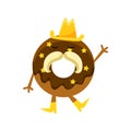 Humanized Doughnut With Chocolate Glazing, Cowboy Hat And Horseshoe Moustache Cartoon Character With Arms And Legs