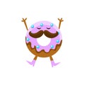 Humanized Doughnut With Violet Glazing And Moustache Cartoon Character With Arms And Legs Royalty Free Stock Photo