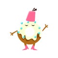 Humanized Doughnut With White Glazing Wering Fez Hat Cartoon Character With Arms And Legs