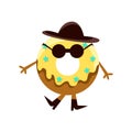 Humanized Doughnut With Yellow Glazing And Black Hat Cartoon Character With Arms And Legs Royalty Free Stock Photo