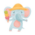 Humanized elephant holds a cone with ice cream. Vector illustration on white background.