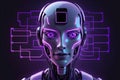 humanized face robot with technology connections with multiple devices in a neon style in purple