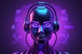 humanized face robot with technology connections with multiple devices in a neon style in purple