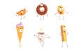 Humanized Food with Ice Cream in Waffle Cone and Coffee Cup Smiling and Waving Hand Vector Set