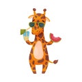 Humanized giraffe with a cocktail and a slice of watermelon. Vector illustration on white background.