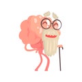 Humanized gray bearded old cartoon brain character walking with a cane, intellect human organ vector Illustration