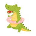 Humanized green crocodile comes with a pink rubber ring. Vector illustration on a white background. Royalty Free Stock Photo