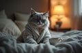 Humanized grumpy cat in bathrobe sits on bed with morning coffee. Lazy sleepy bored animal expression. Concept of difficult Royalty Free Stock Photo