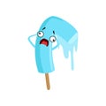 Humanized melting ice lolly with frightened face expression. Sweet dessert. Cartoon character of blue ice-cream with