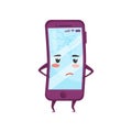 Humanized mobile phone with sad face. Smartphone with cracked screen. Broken display. Cartoon character. Flat vector