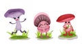 Humanized Mushrooms with Cap and Stipe Jumping and Holding Flowers Vector Set