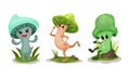 Humanized Mushrooms with Cap and Stipe Running and Sitting on Pebble Vector Set