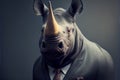 Humanized rhinoceros dressed in a formal business suit with tie and jacket.