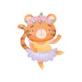 Humanized tiger in a ballerina dress. Vector illustration on white background.