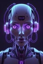 humanized women face robot with technology with in a neon style in purple