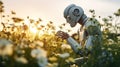 Humanlike intellectual robot smelling flowers on a field, futuristic robotic creature